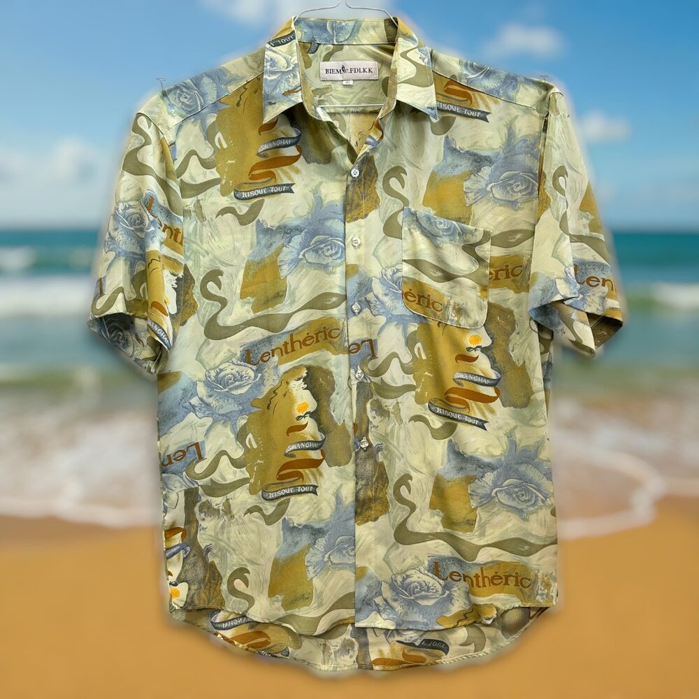 BIEM.FDLKK Lenthéric Print Shirt XL, Y2K Abstract Face Graphic, Retro Resortwear